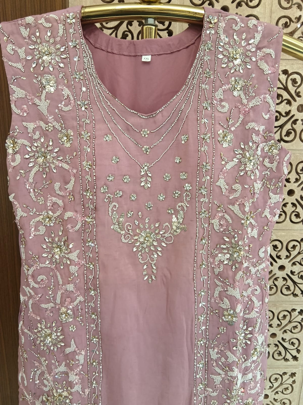 Mauve Rose Panel-Embroidered palazzo 3-Piece Suit Set.