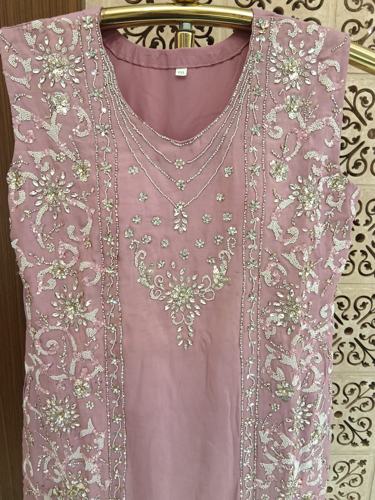 Mauve Rose Panel-Embroidered palazzo 3-Piece Suit Set.