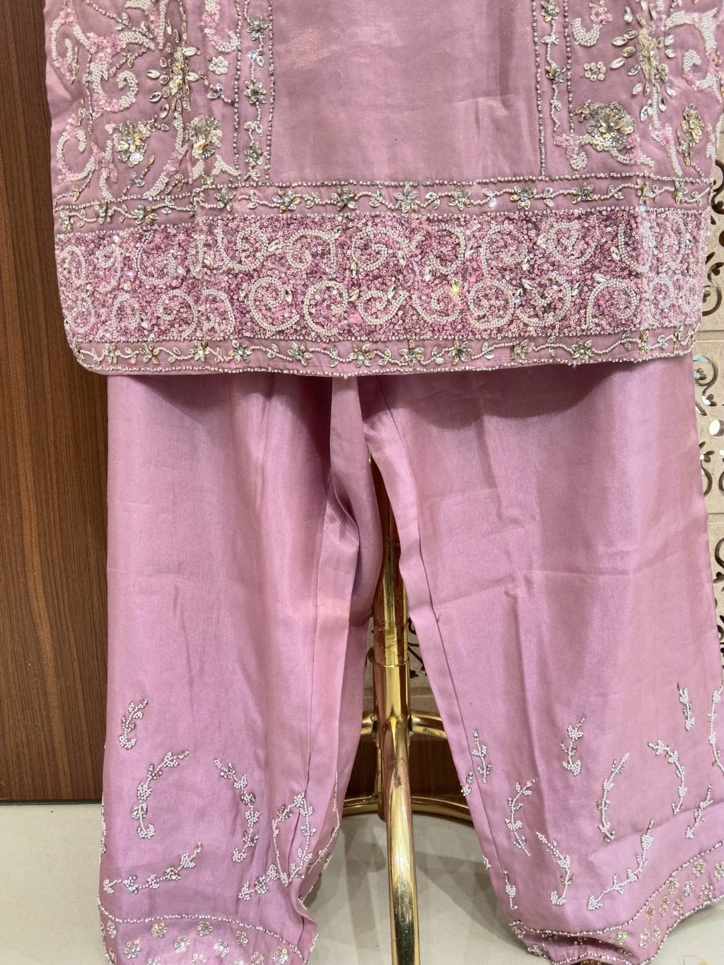 Mauve Rose Panel-Embroidered palazzo 3-Piece Suit Set.