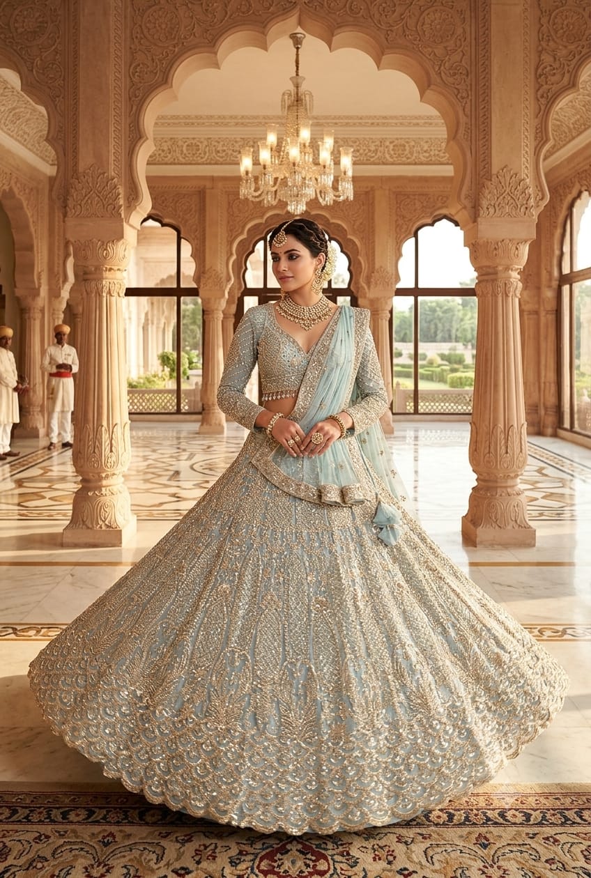 Pastel Blue Embroidered Bridal Lehenga Choli
