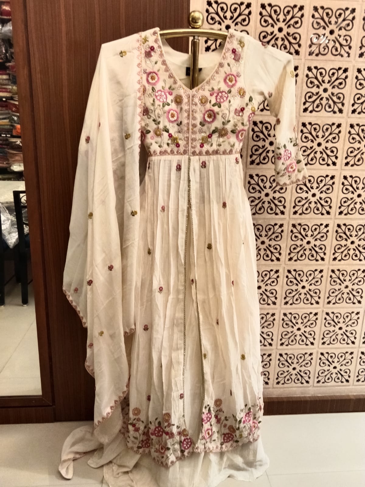 Off-White Floral Embroidered Front-Slit Anarkali Set