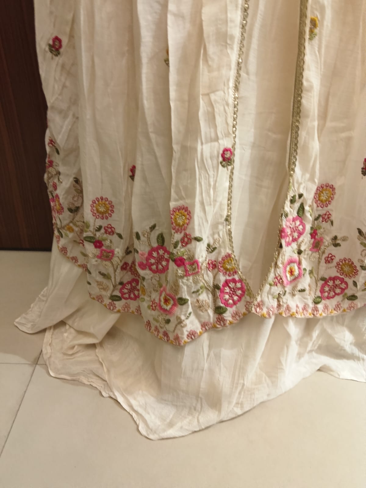Off-White Floral Embroidered Front-Slit Anarkali Set
