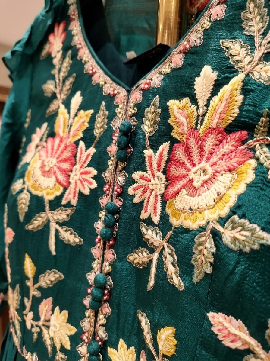Embellished Teal Floral Anarkali Set.