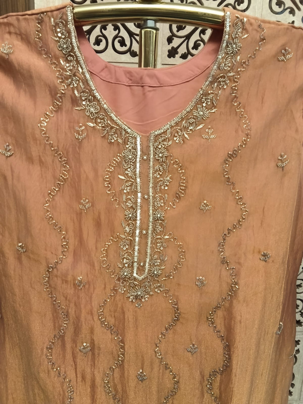 Eloise Embroidered Crushed Tissue palazzo Suit Set in Pastel Peach