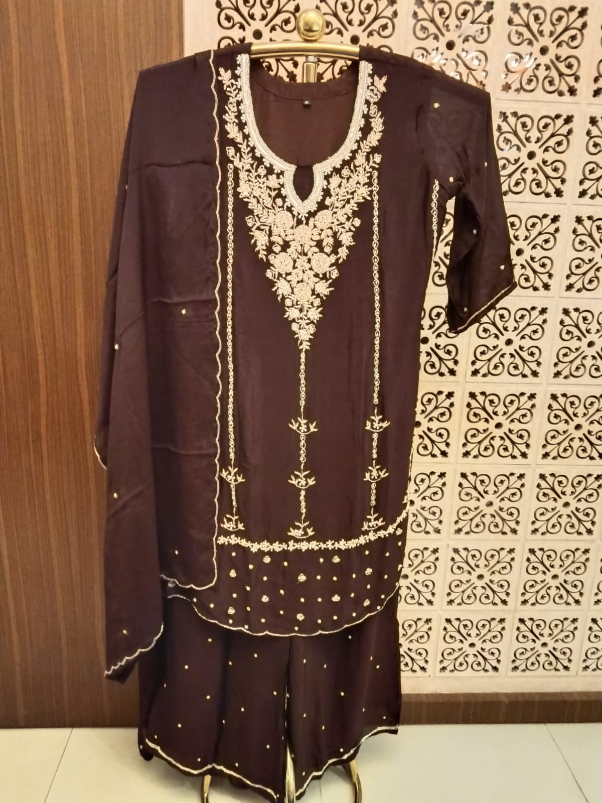Rich Chocolate Brown Embroidered Kurta and palazzo Set with Dupatta.