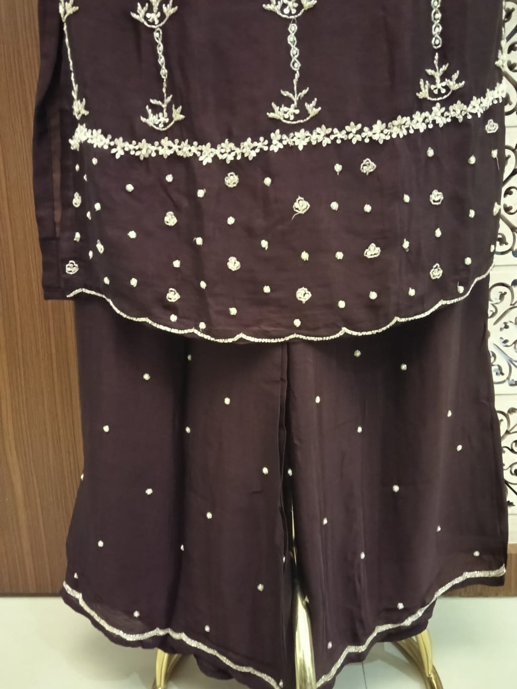 Rich Chocolate Brown Embroidered Kurta and palazzo Set with Dupatta.