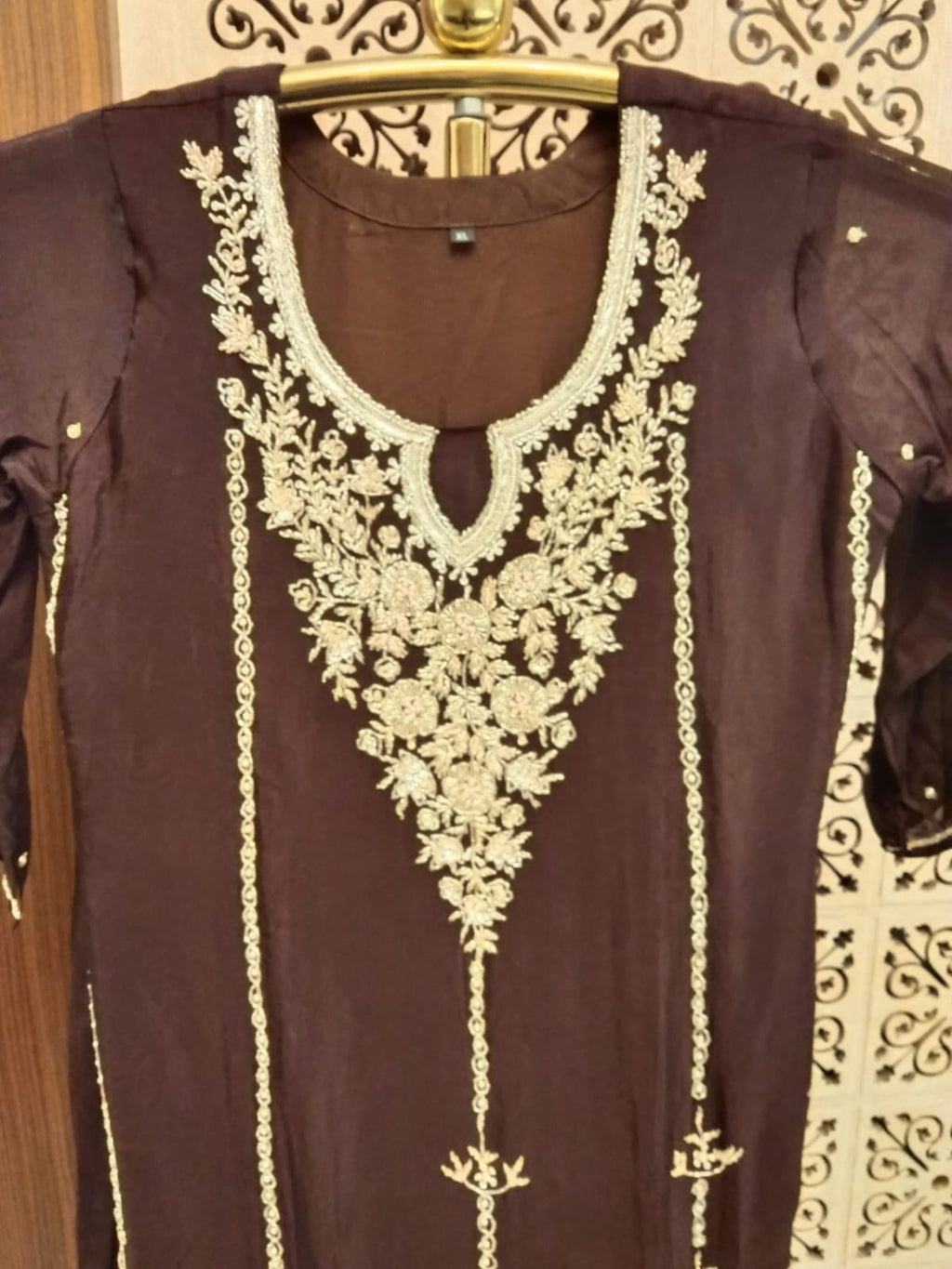 Rich Chocolate Brown Embroidered Kurta and palazzo Set with Dupatta.