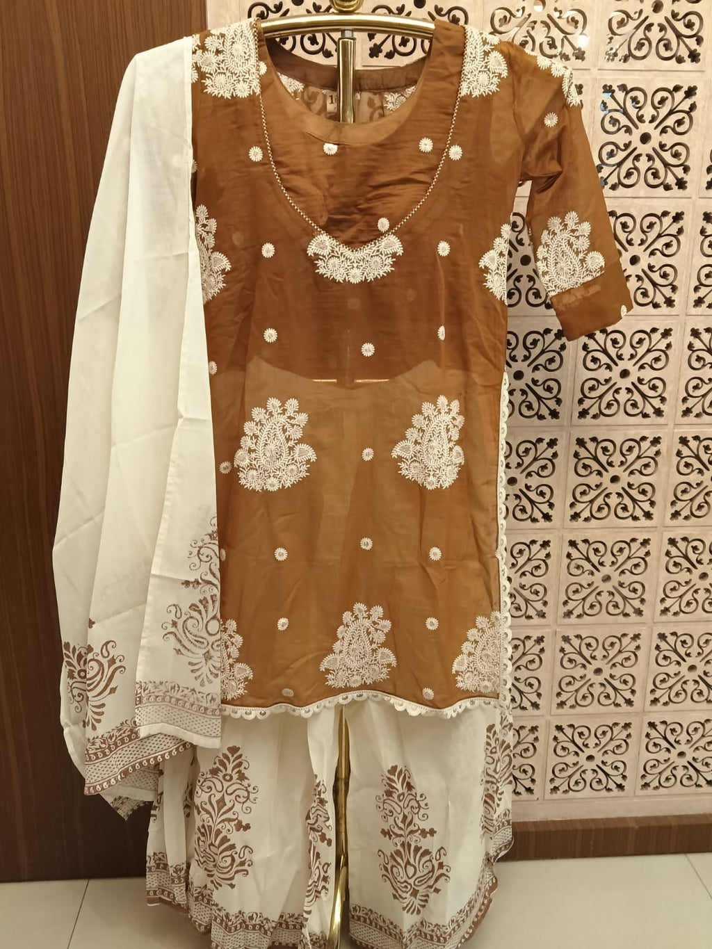 Premium Lucknowi Chikankari Chanderi Sharara Suit Set