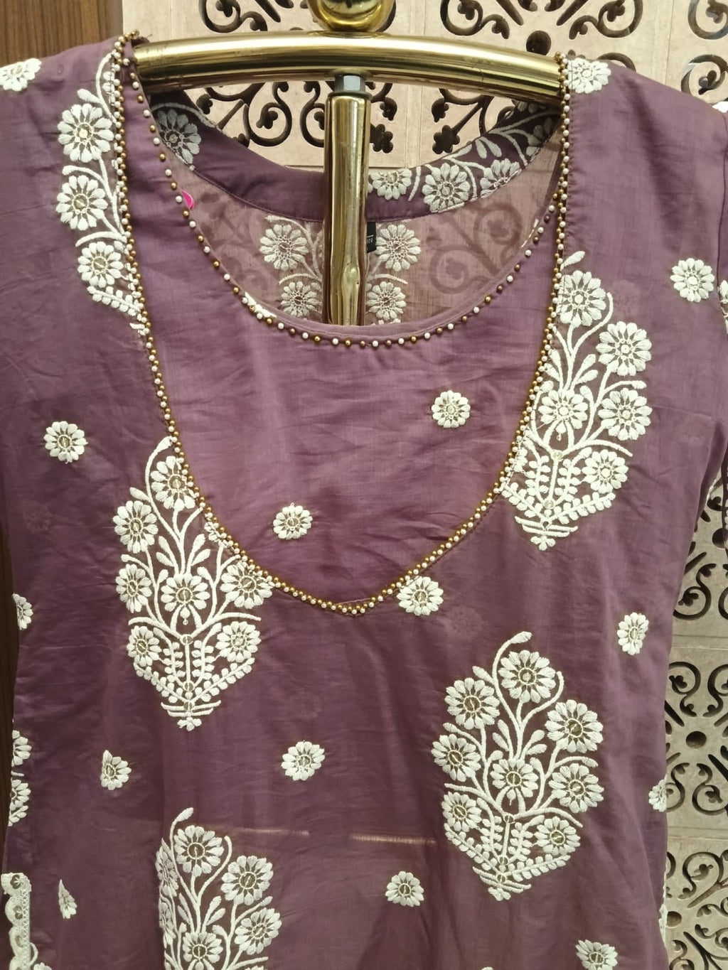 Elegant Mauve and Off-White Embroidered Sharara Set with Dupatta.