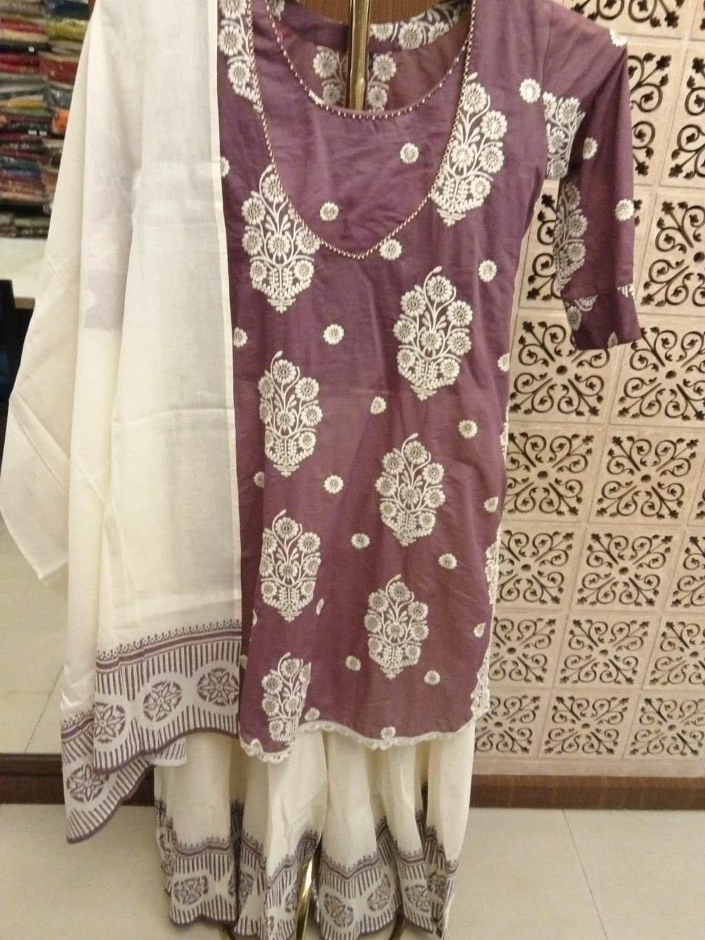 Elegant Mauve and Off-White Embroidered Sharara Set with Dupatta.