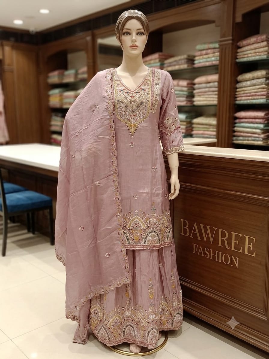 Ethereal Mauve Silk Embroidered Kurta & Lehenga-Sharara Set with Dupatta