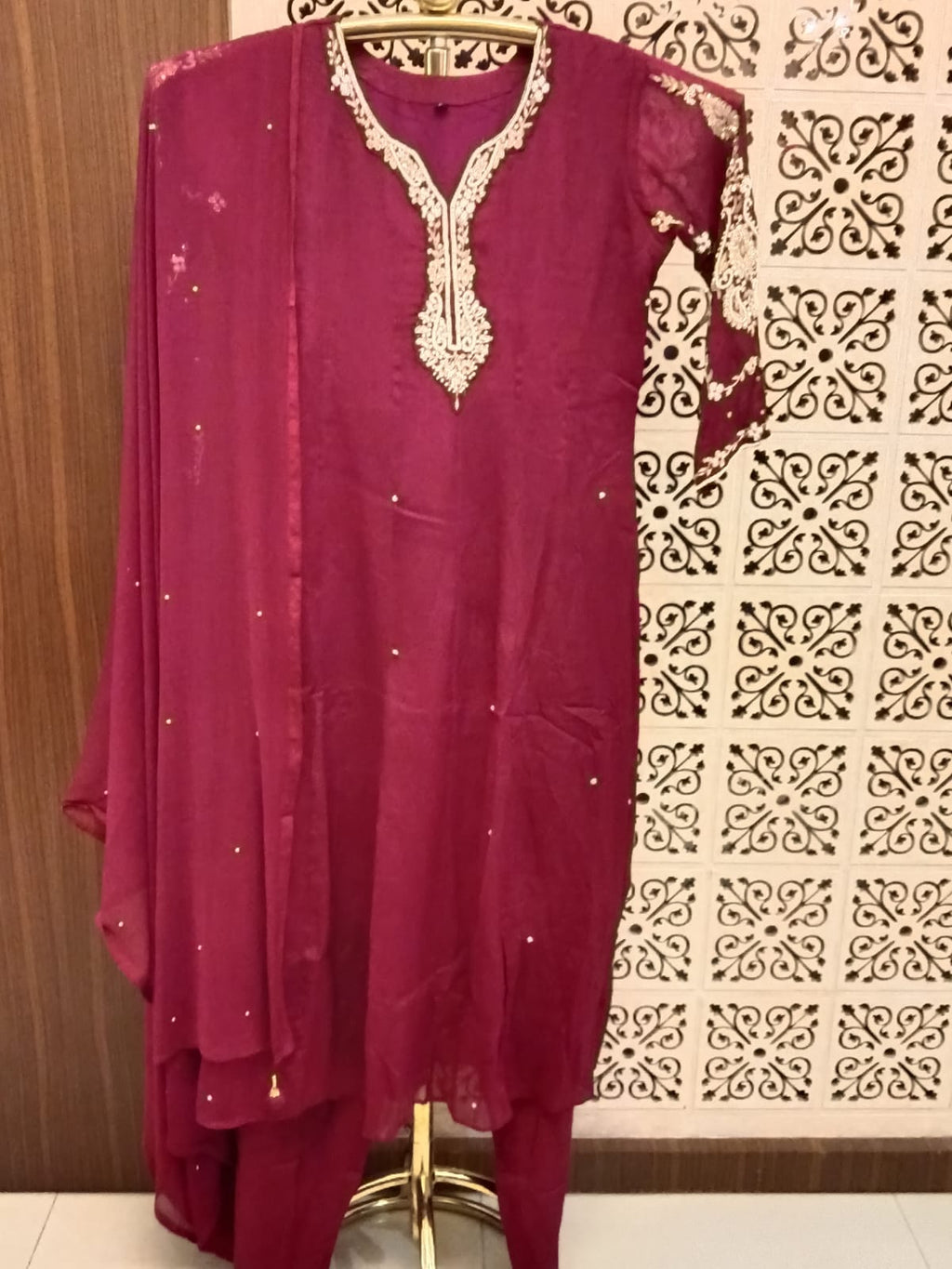 Deep Maroon Hand-Embroidered Straight Kurta Pant Set with Dupatta
