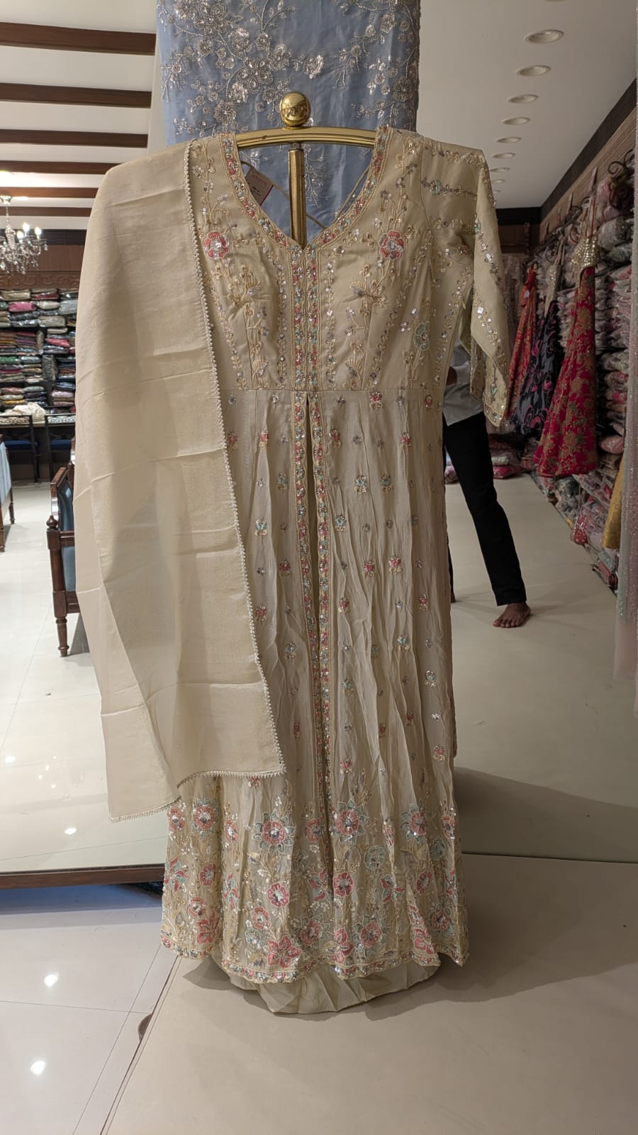 Pastel Elegance: Beige Embroidered Front-Slit Anarkali Gown Set