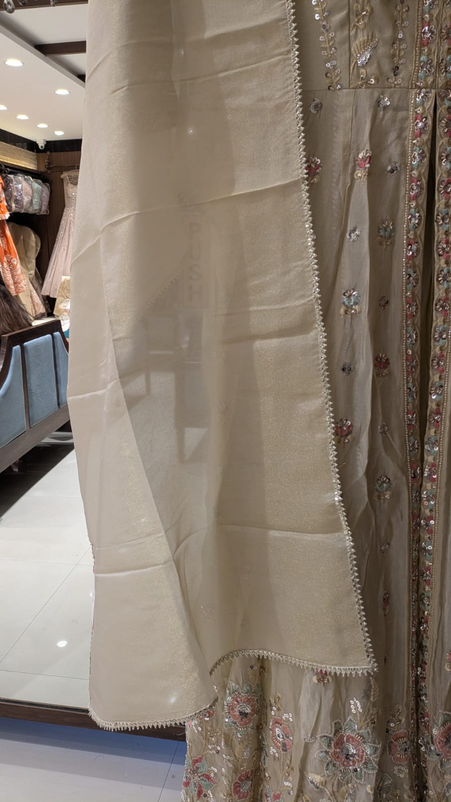 Pastel Elegance: Beige Embroidered Front-Slit Anarkali Gown Set