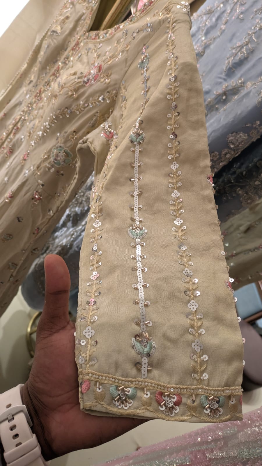 Pastel Elegance: Beige Embroidered Front-Slit Anarkali Gown Set