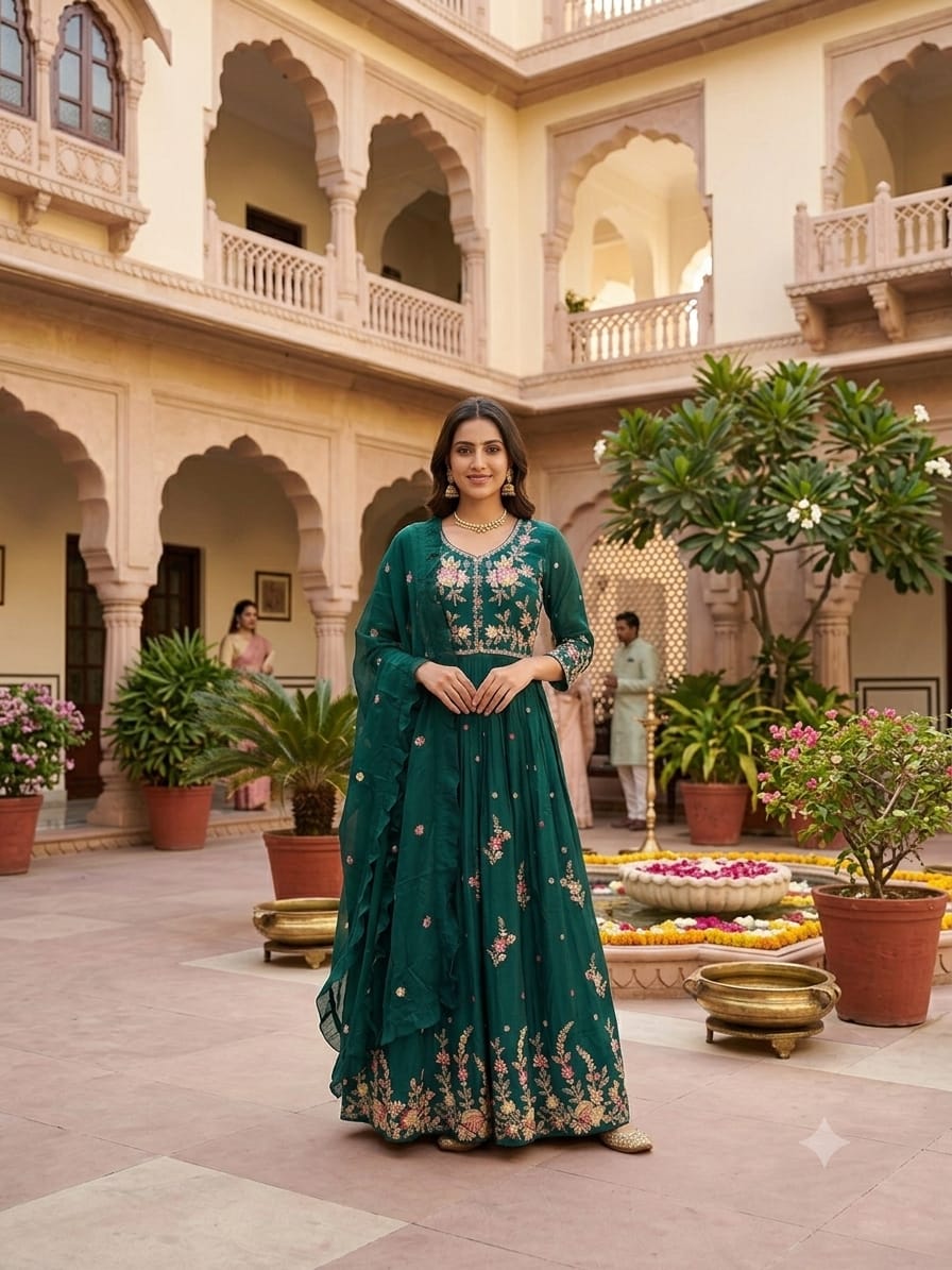 Embellished Teal Floral Anarkali Set.