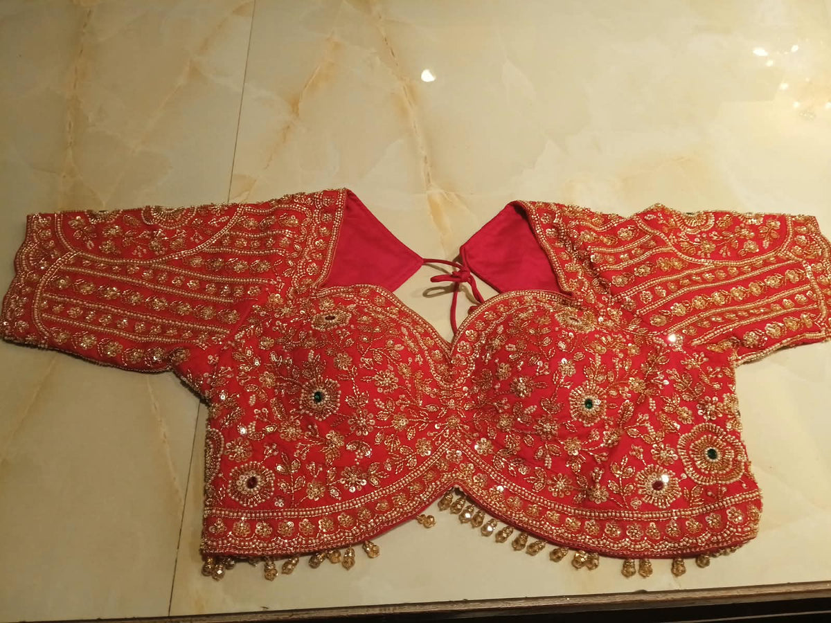 Crimson Elegance Hand-Embroidered Bandhani Saree.