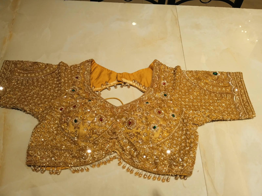 Mustard Yellow Embroidered Tissue Silk Saree.