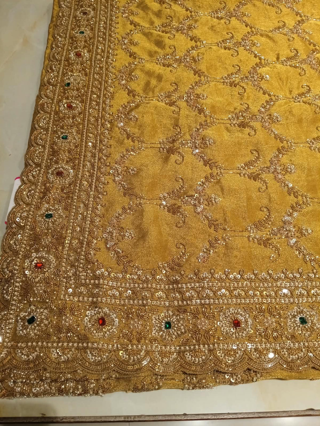 Mustard Yellow Embroidered Tissue Silk Saree.