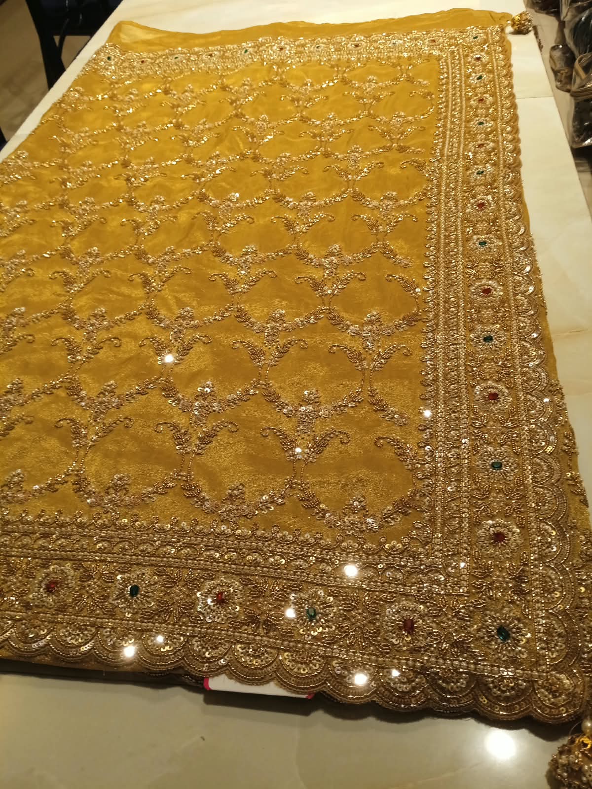 Mustard Yellow Embroidered Tissue Silk Saree.