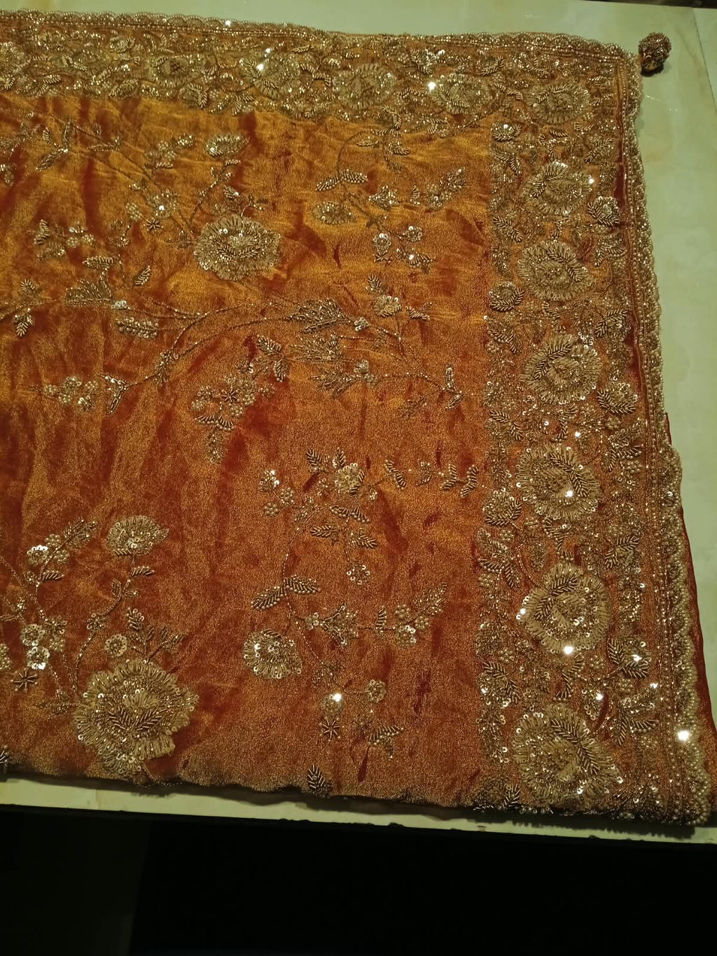 Royal Rust Orange Shimmer Embroidered Designer Saree.