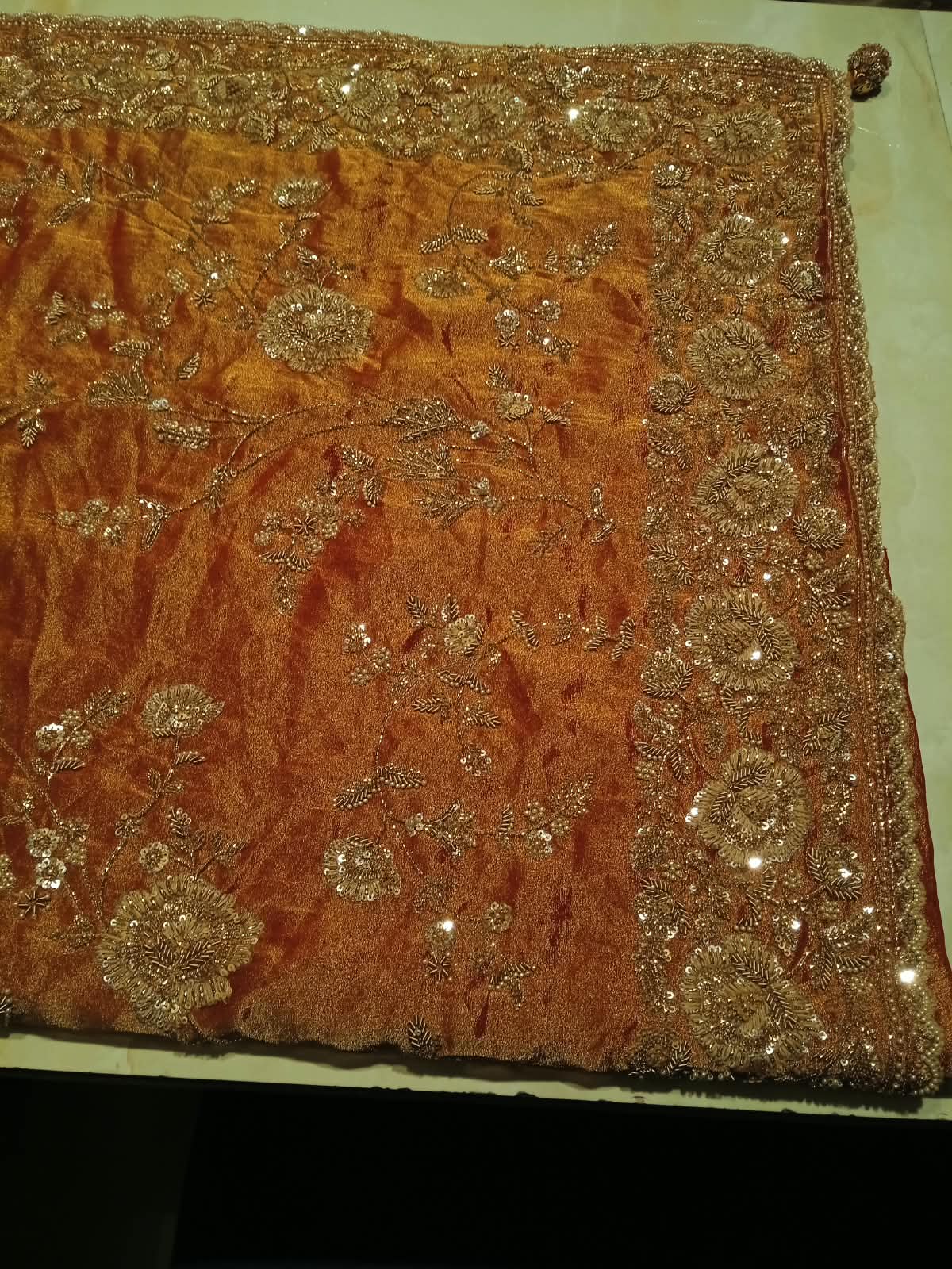 Royal Rust Orange Shimmer Embroidered Designer Saree.
