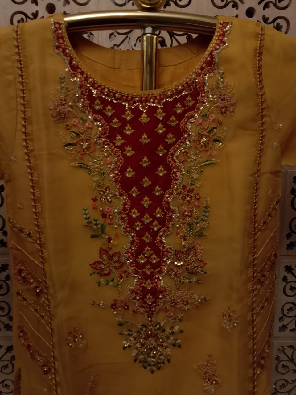 Elegant Yellow and Crimson Red Embroidered Salwar Suit Set