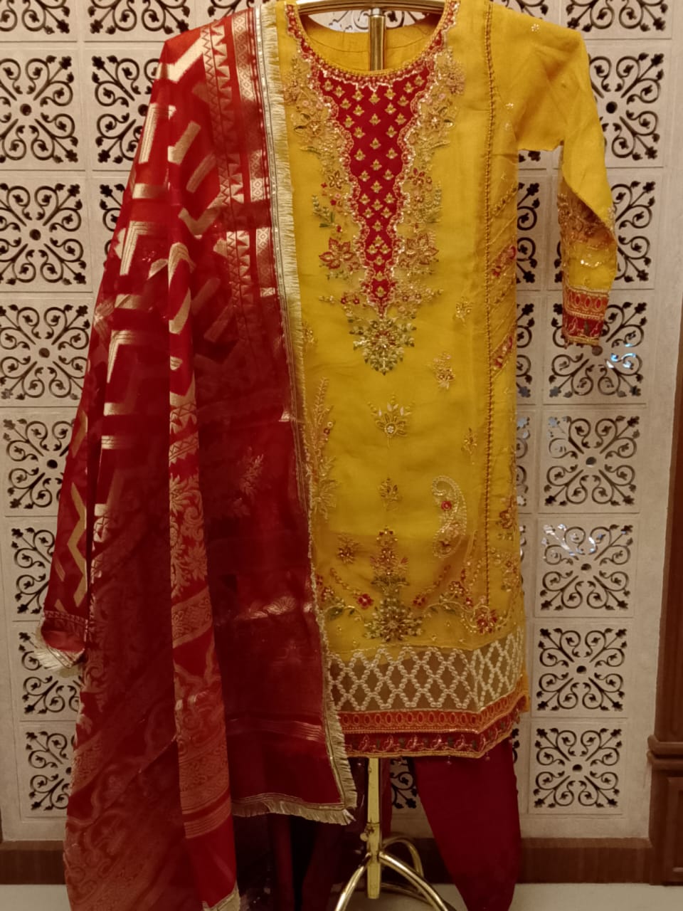 Elegant Yellow and Crimson Red Embroidered Salwar Suit Set