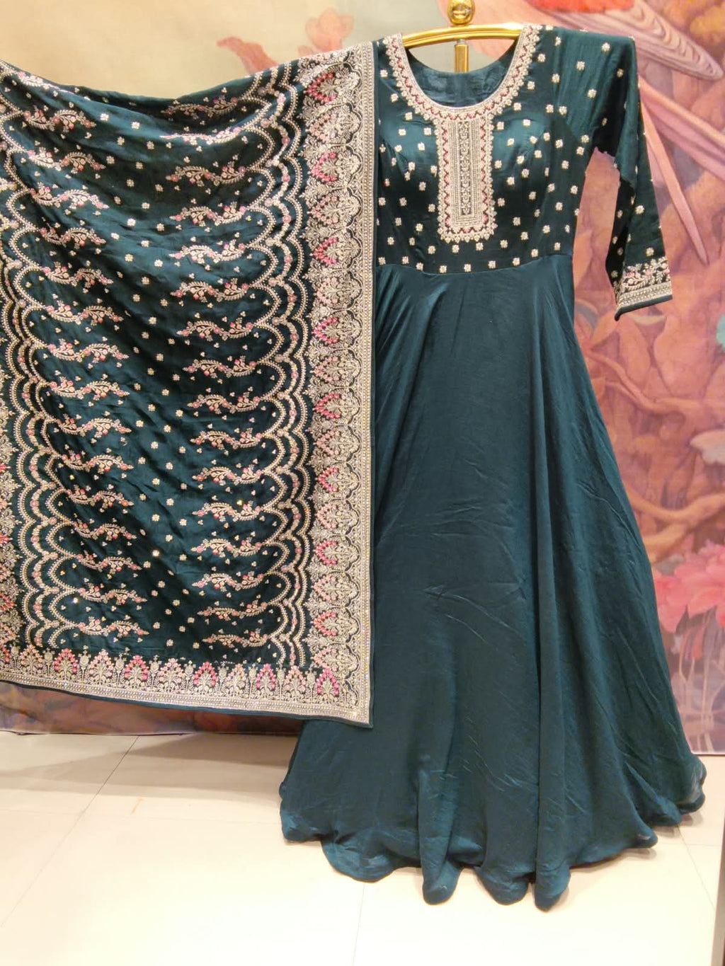 Emerald Majesty Embroidered Silk Anarkali Gown Set