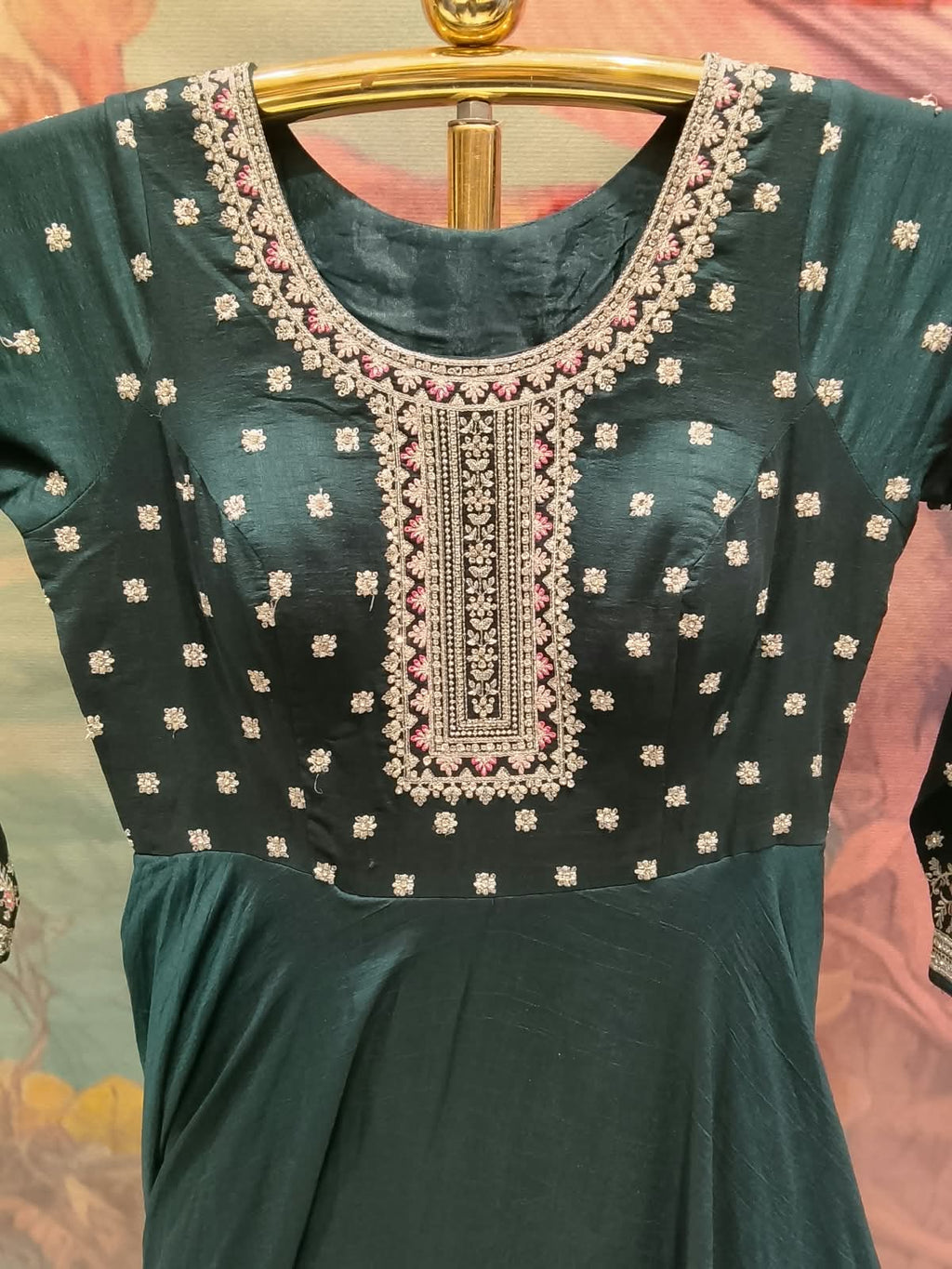 Emerald Majesty Embroidered Silk Anarkali Gown Set