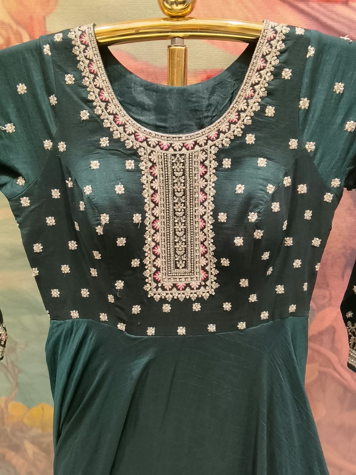 Emerald Majesty Embroidered Silk Anarkali Gown Set