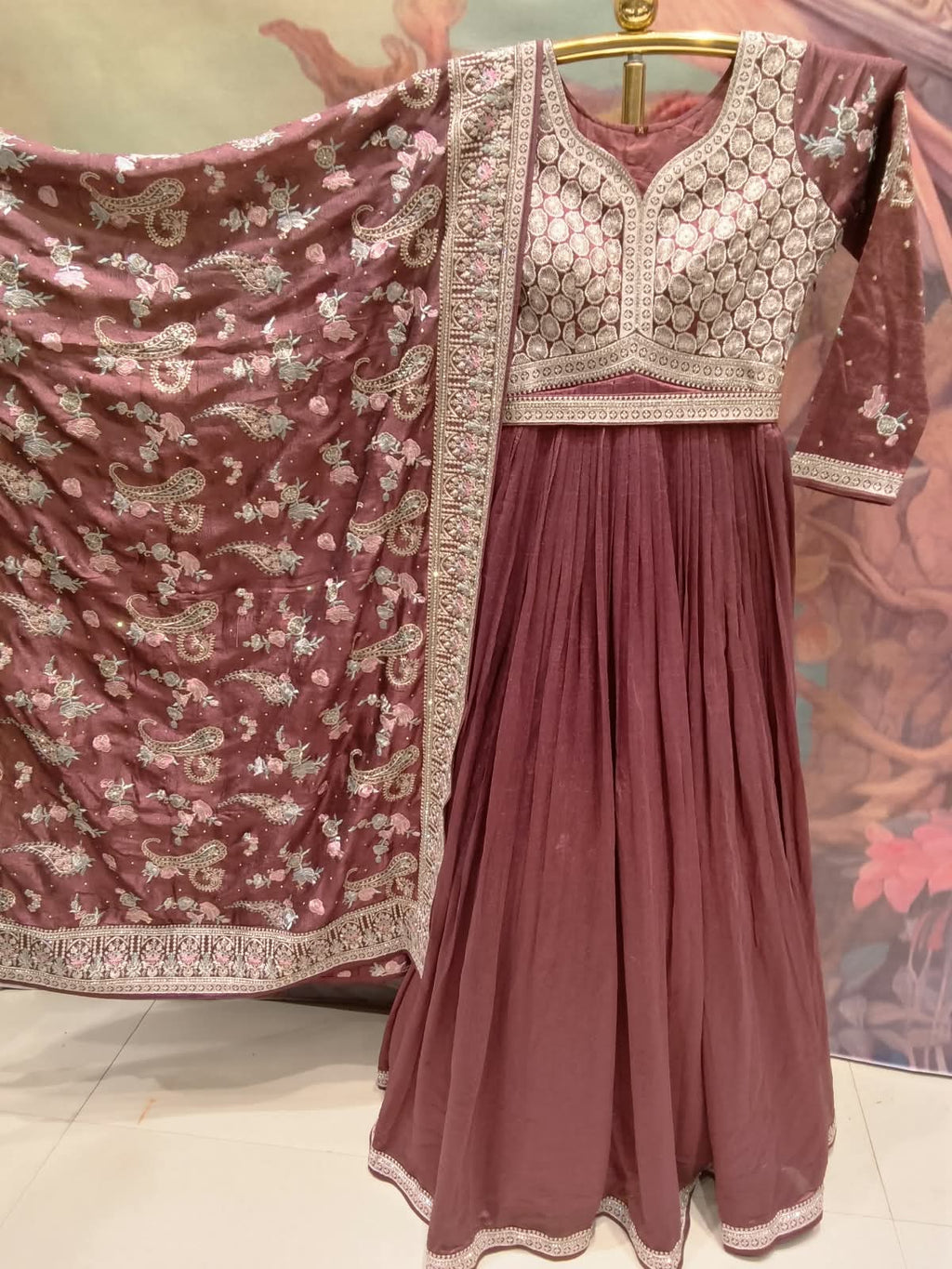 Antique Rose Geometric Embroidered Pleated Anarkali Gown