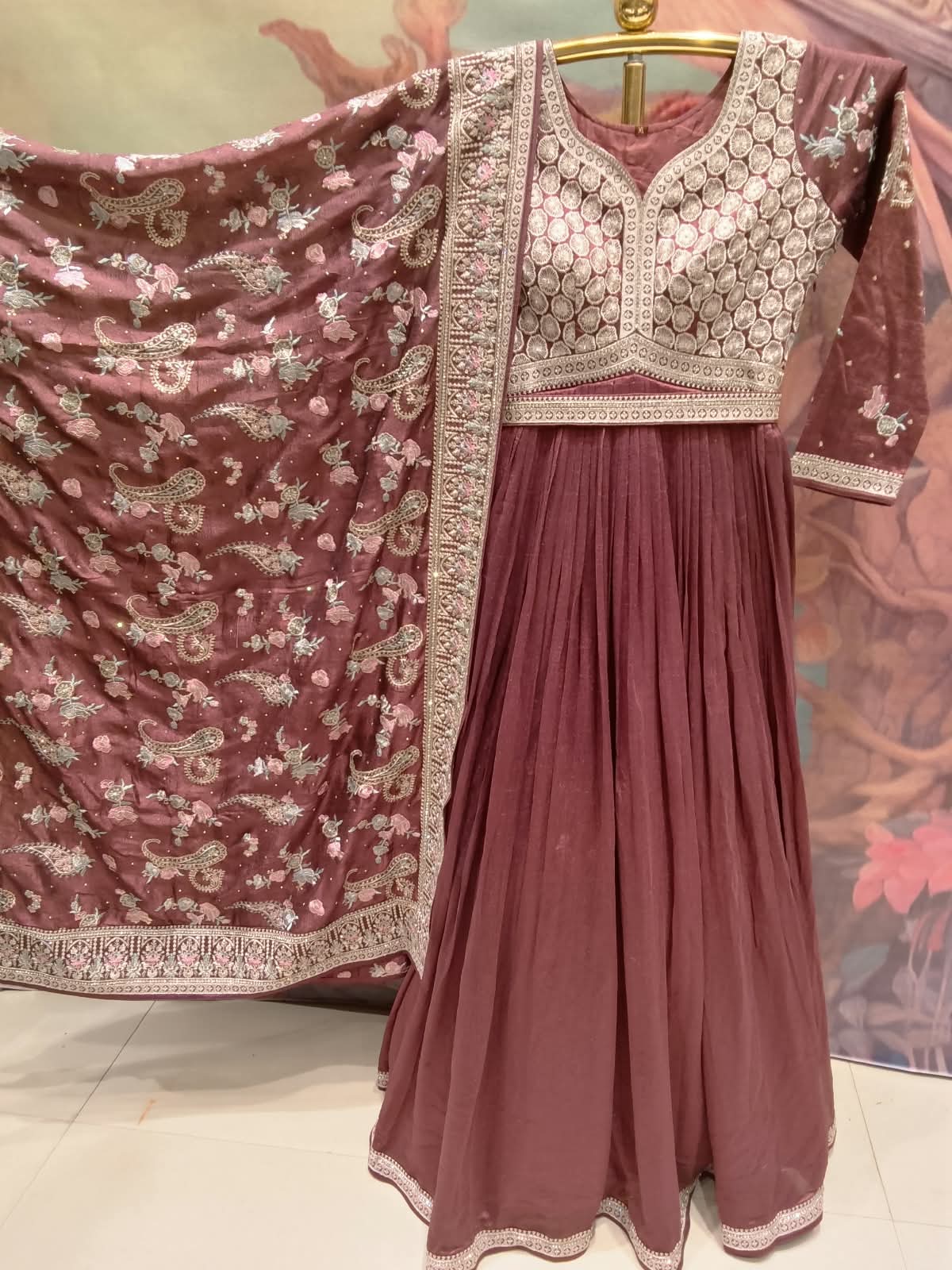 Antique Rose Geometric Embroidered Pleated Anarkali Gown