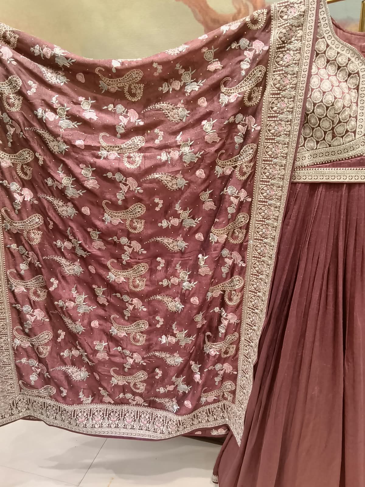 Antique Rose Geometric Embroidered Pleated Anarkali Gown