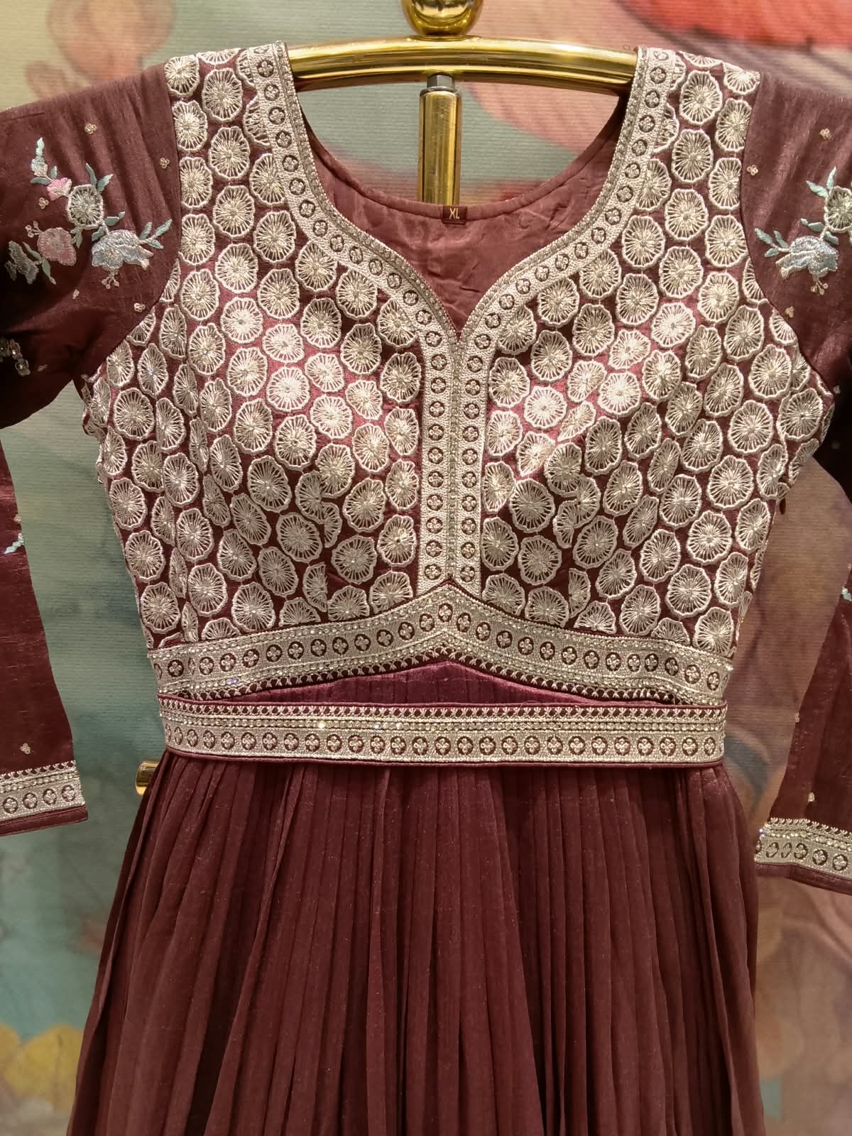 Antique Rose Geometric Embroidered Pleated Anarkali Gown