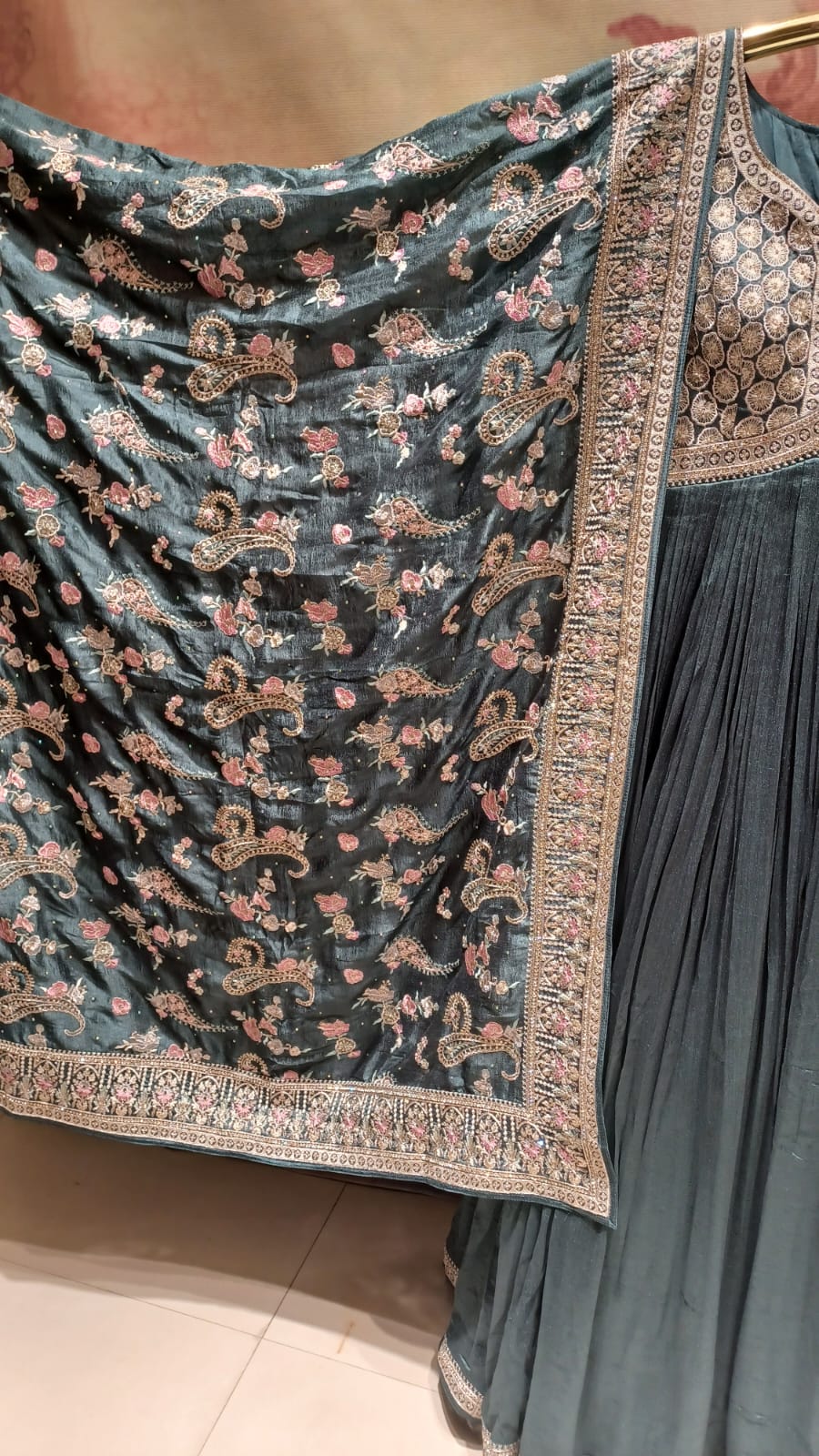 Peacock Blue Heavily Embroidered Pleated Anarkali Gown.