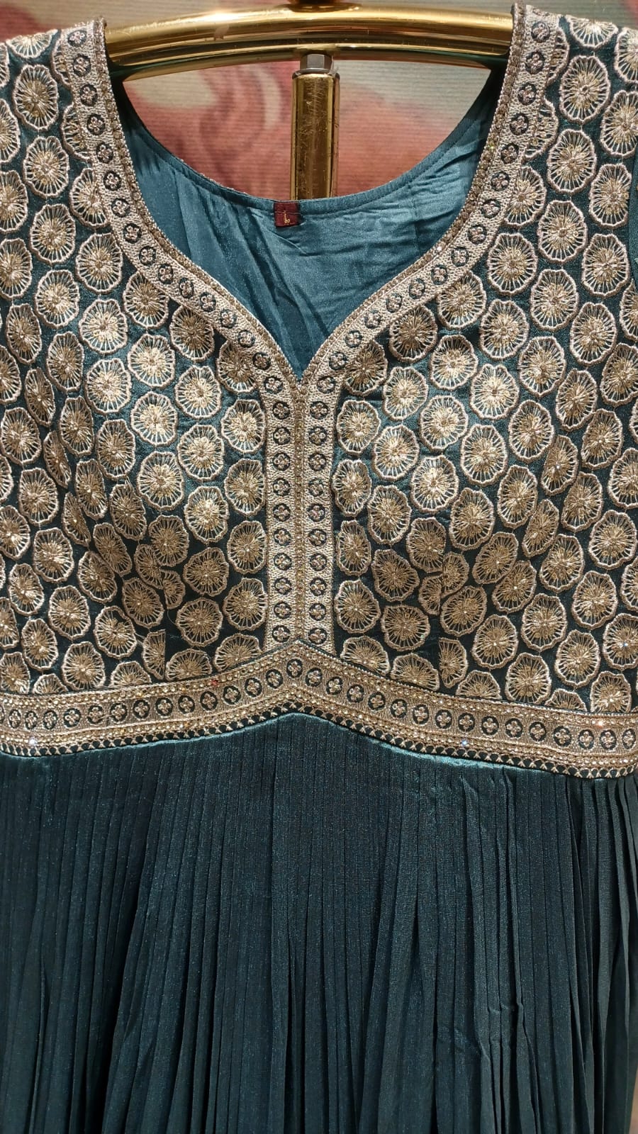 Peacock Blue Heavily Embroidered Pleated Anarkali Gown.
