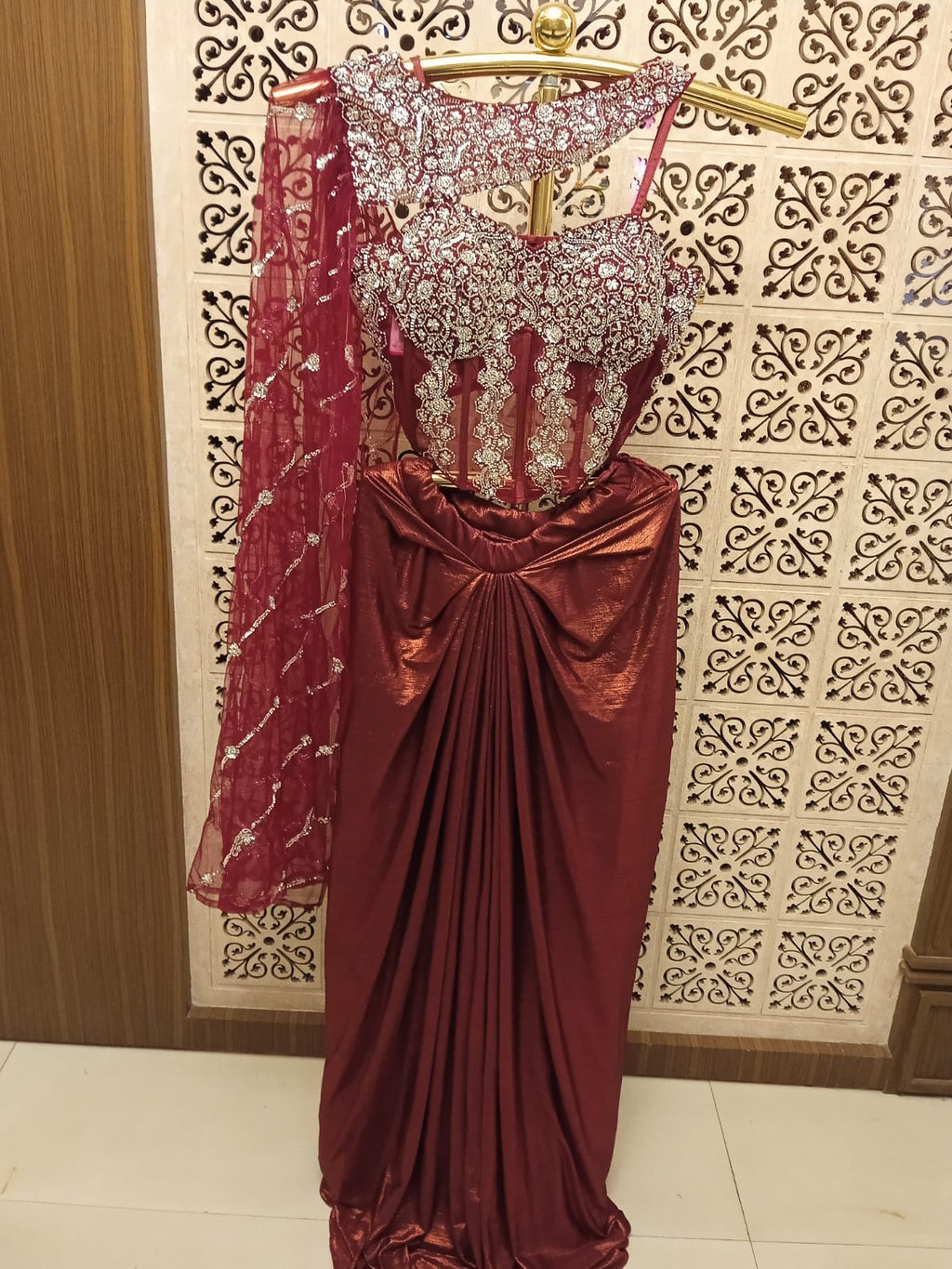 Wine Shimmer Ready-to-Wear Indo-Western Drape Saree