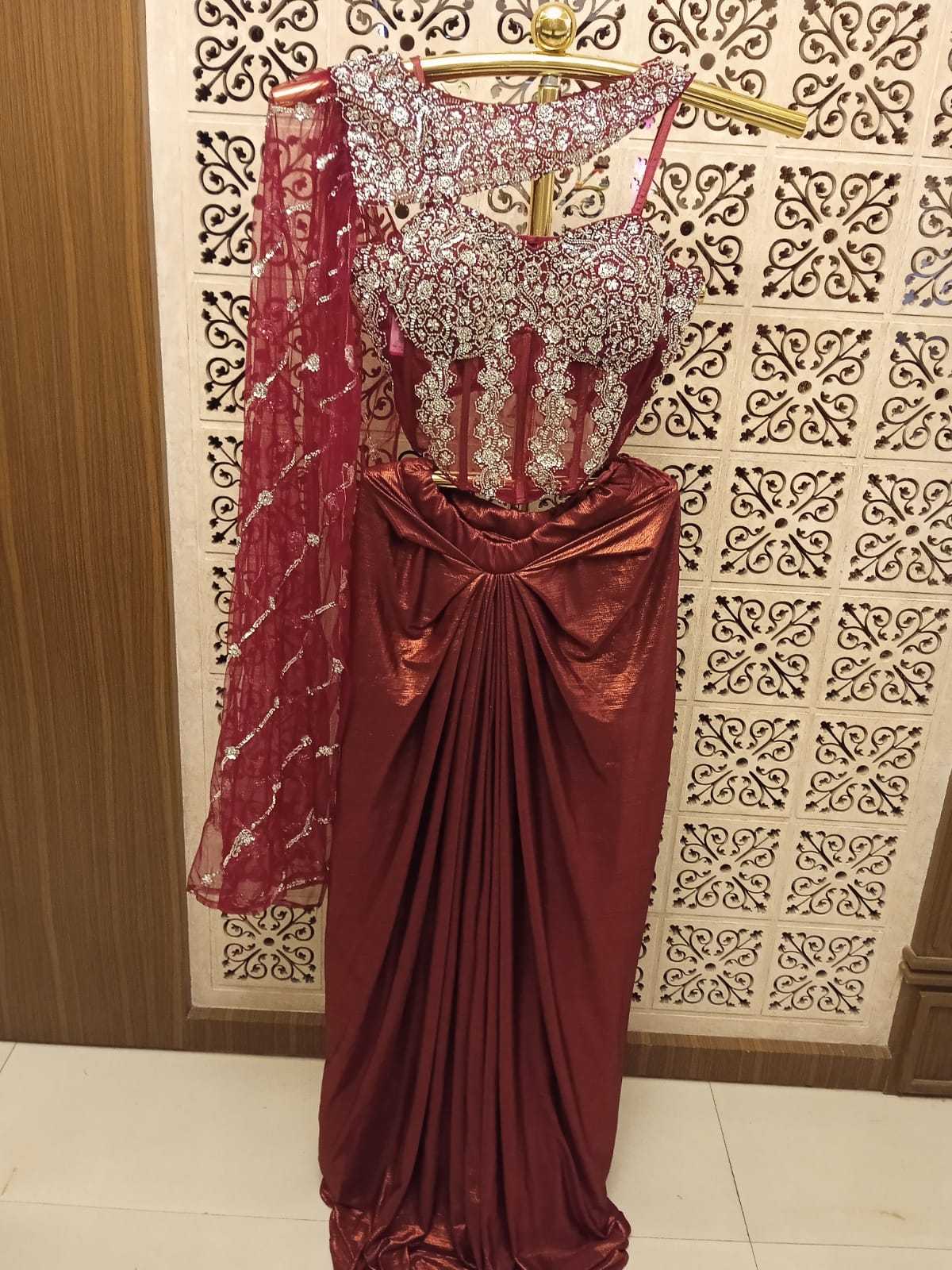 Wine Shimmer Ready-to-Wear Indo-Western Drape Saree