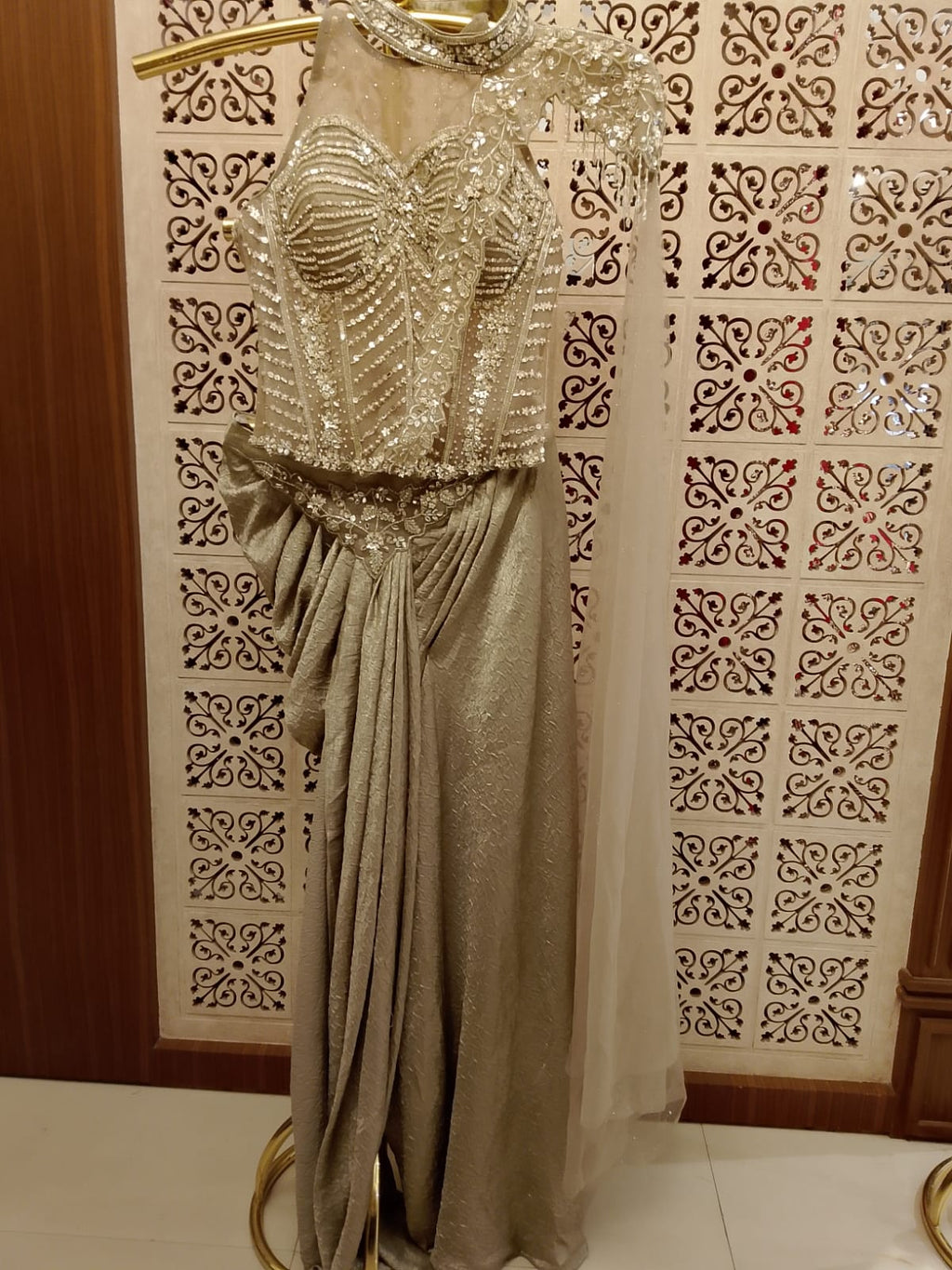 Champagne Gold Shimmer Ready-to-Wear Indo-Western Drape Saree