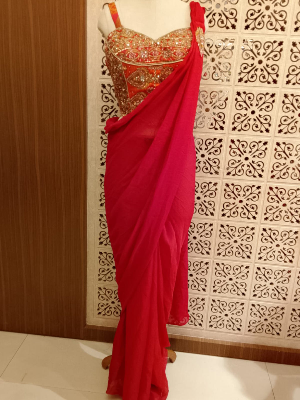 Crimson Red Ready-to-Wear Indo-Western Draped Saree