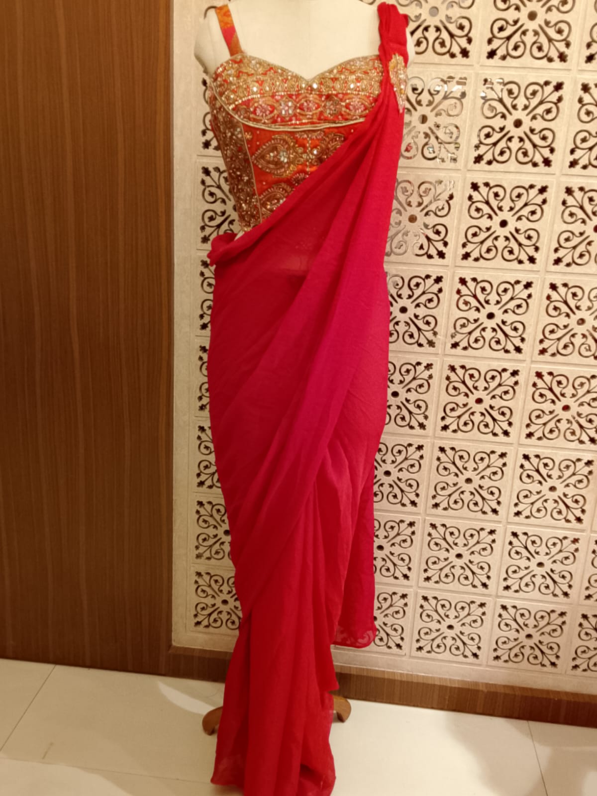 Crimson Red Ready-to-Wear Indo-Western Draped Saree