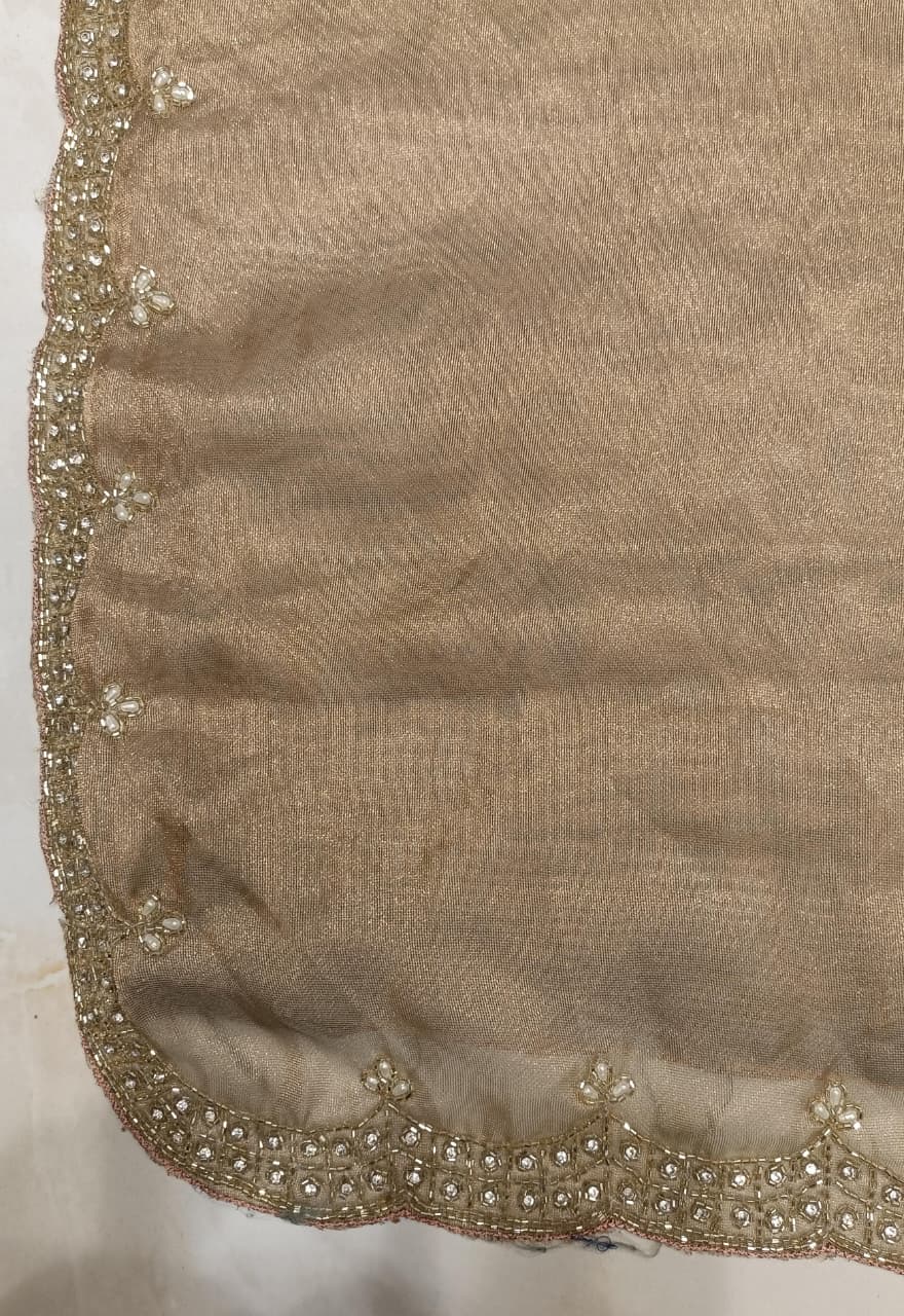 Metallic Champagne Organza Saree with Cold-Shoulder Embellished Blouse
