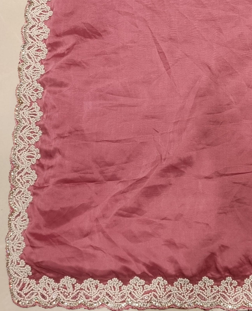 Mauve Pink Satin-Silk Saree with Hand-Embellished Lace Border & Pearl Crop Blouse