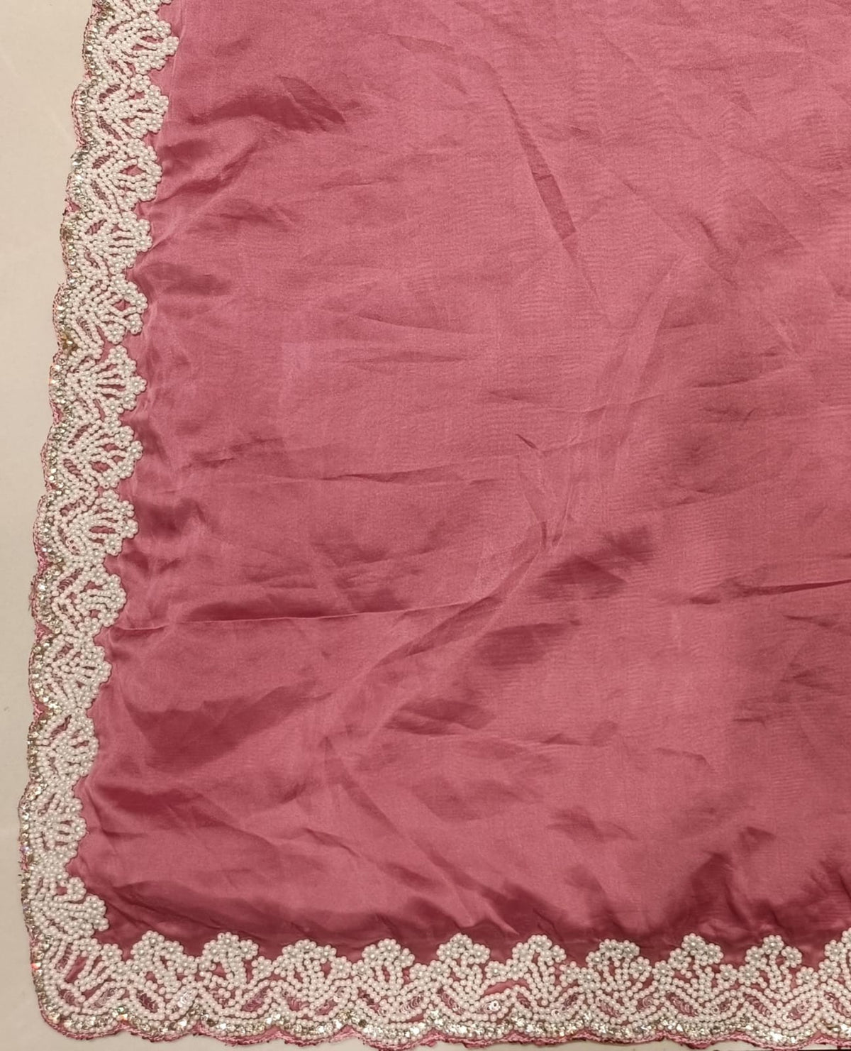 Mauve Pink Satin-Silk Saree with Hand-Embellished Lace Border & Pearl Crop Blouse