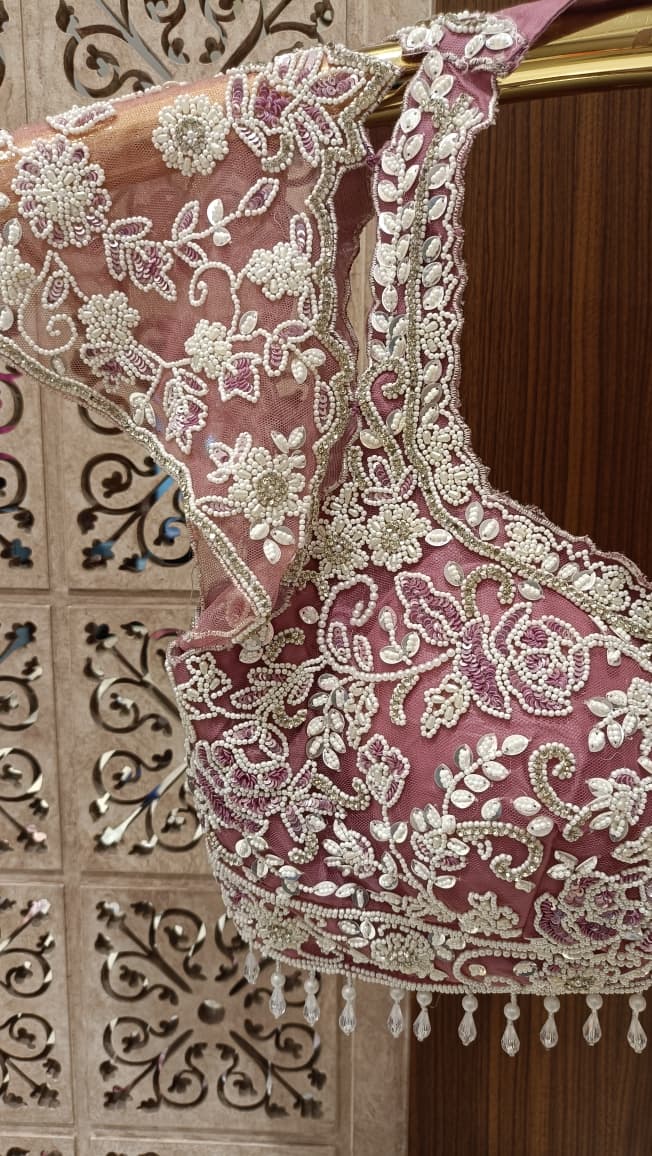 Mauve Pink Satin-Silk Saree with Hand-Embellished Lace Border & Pearl Crop Blouse