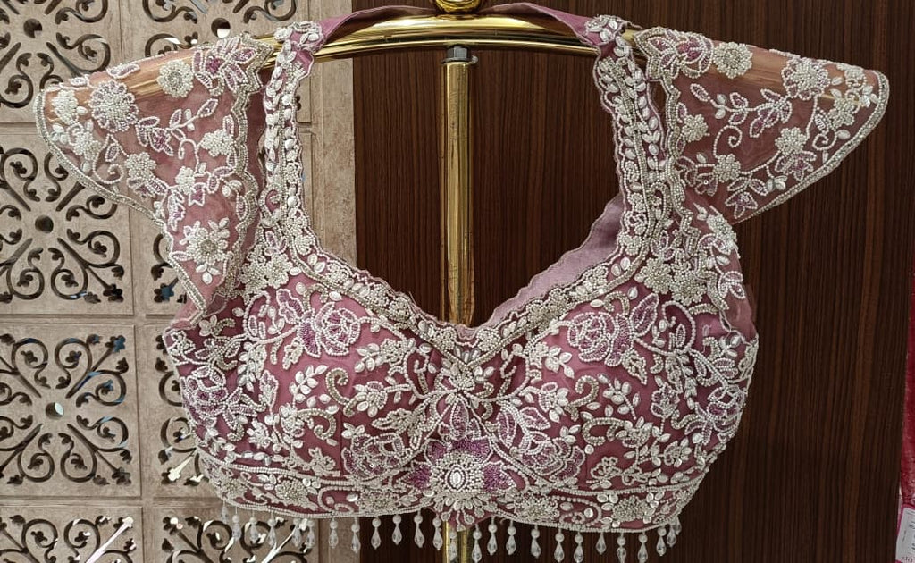 Mauve Pink Satin-Silk Saree with Hand-Embellished Lace Border & Pearl Crop Blouse