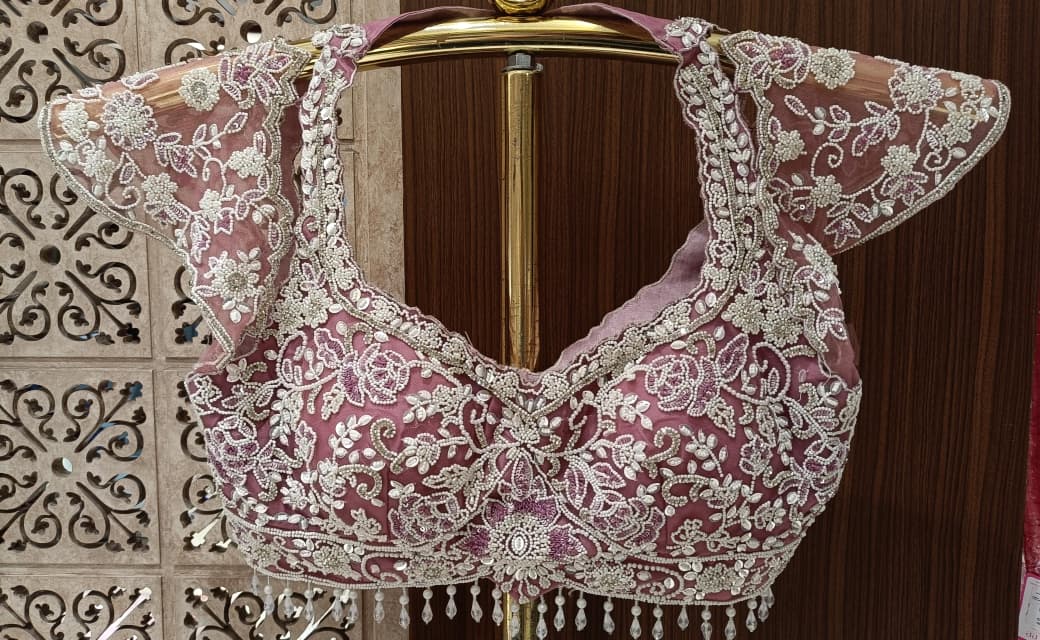 Mauve Pink Satin-Silk Saree with Hand-Embellished Lace Border & Pearl Crop Blouse