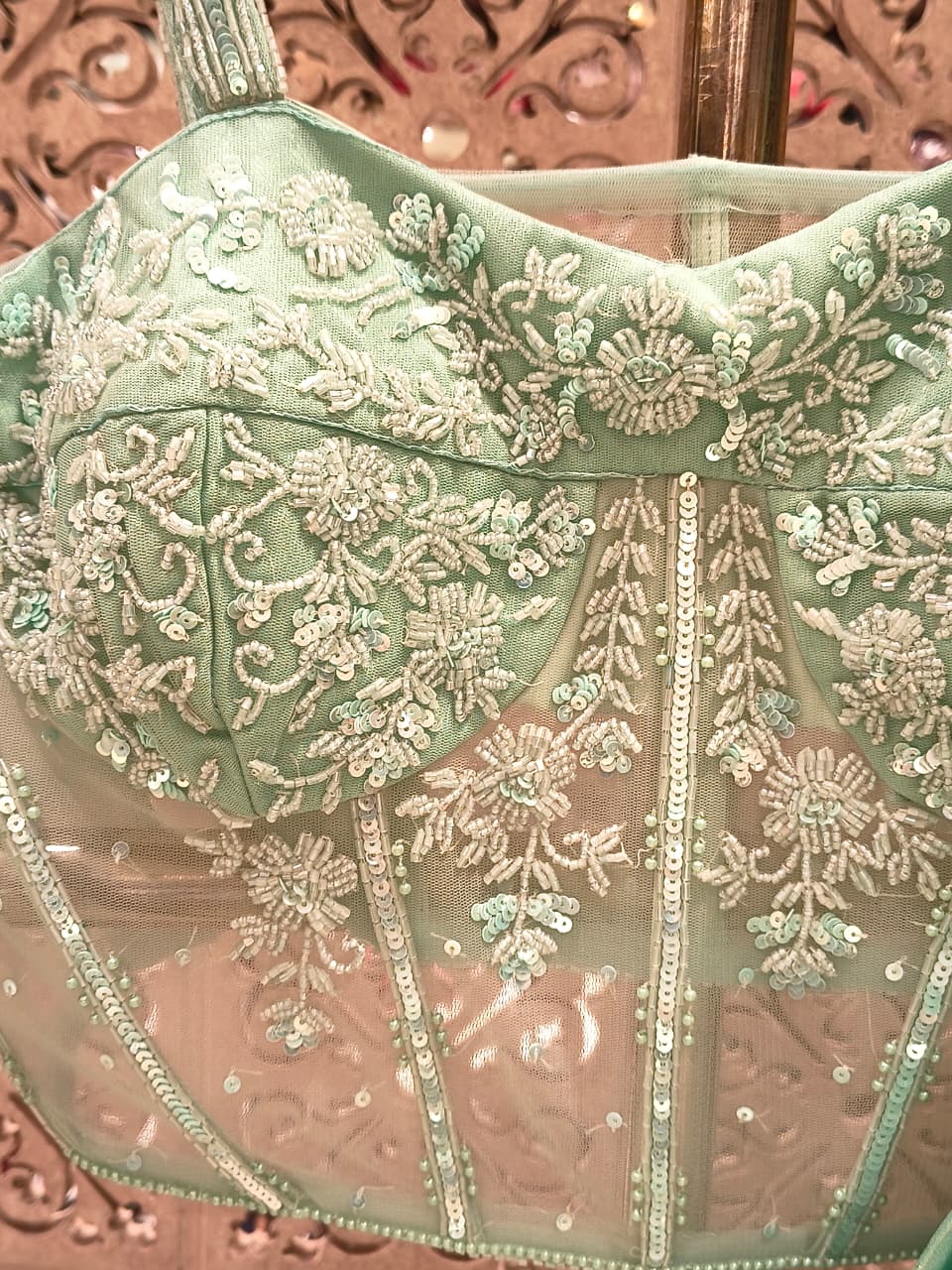 Mint Green Shimmer Draped Saree with Sheer Corset Bustier & Embellished Belt