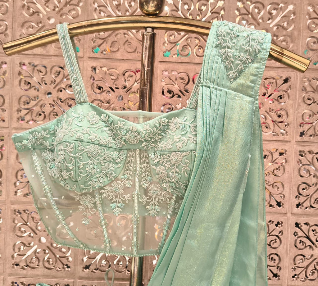 Mint Green Shimmer Draped Saree with Sheer Corset Bustier & Embellished Belt